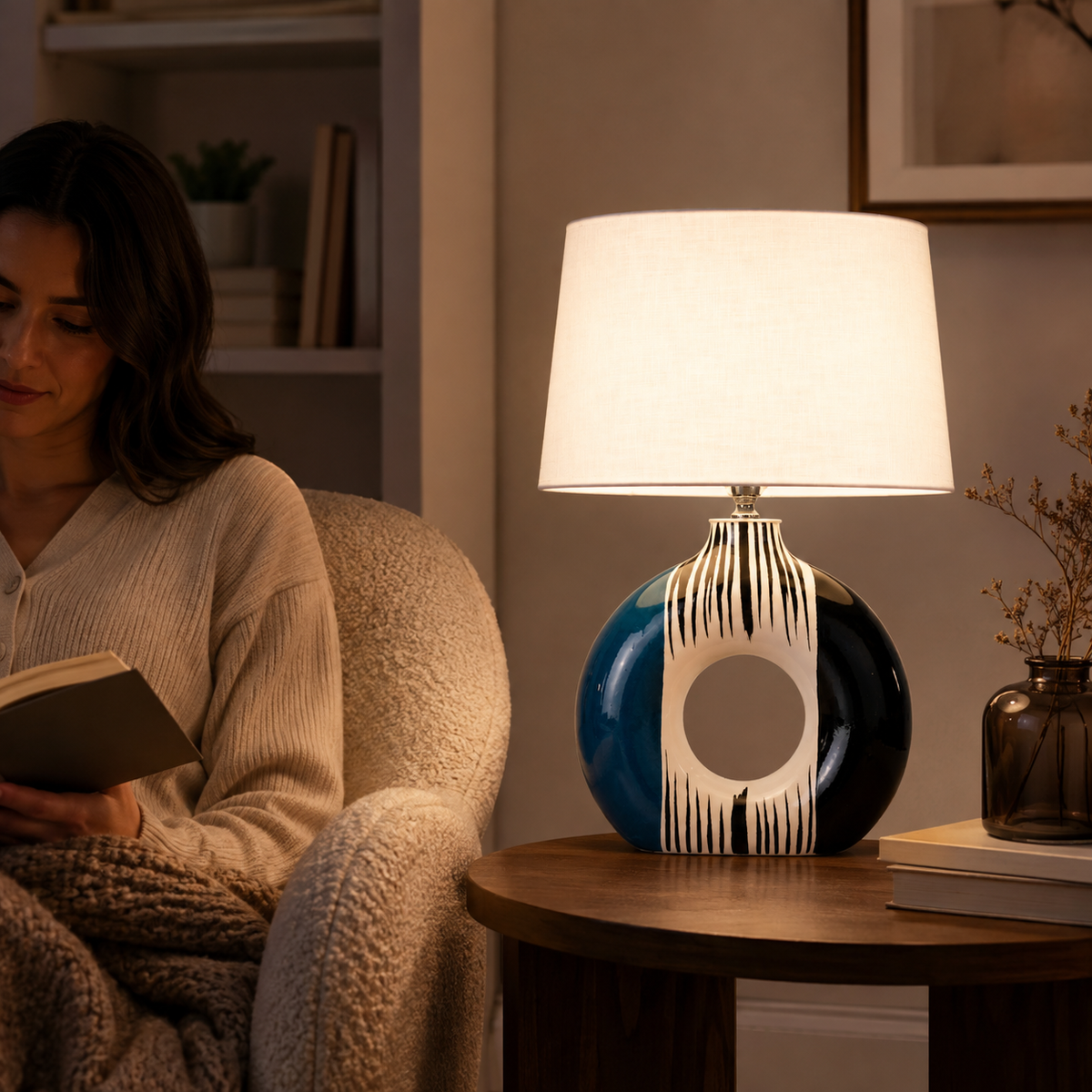 Modern Round Ceramic Table Lamp, Blue & Black Striped Donut Lamp