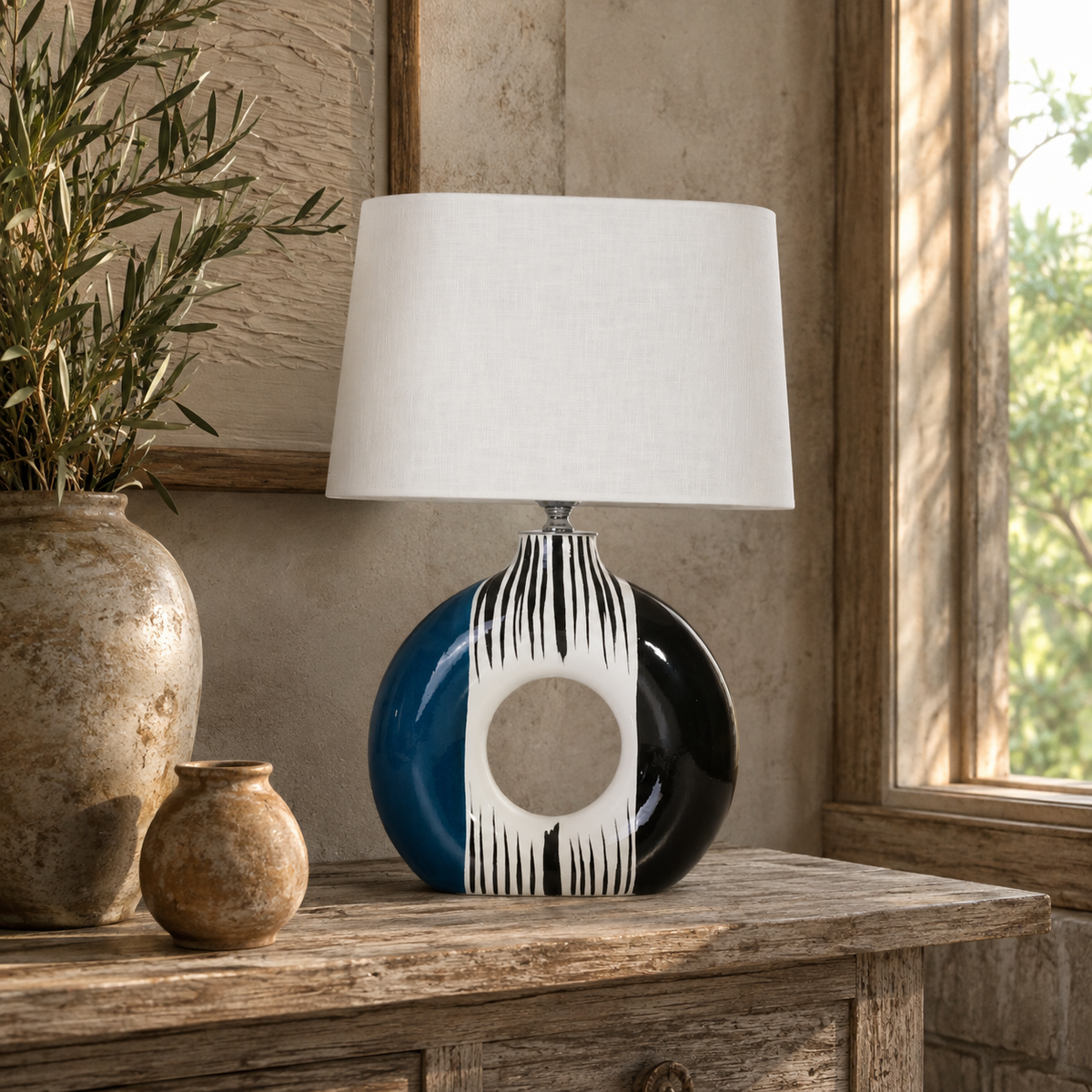 Modern Round Ceramic Table Lamp, Blue & Black Striped Donut Lamp