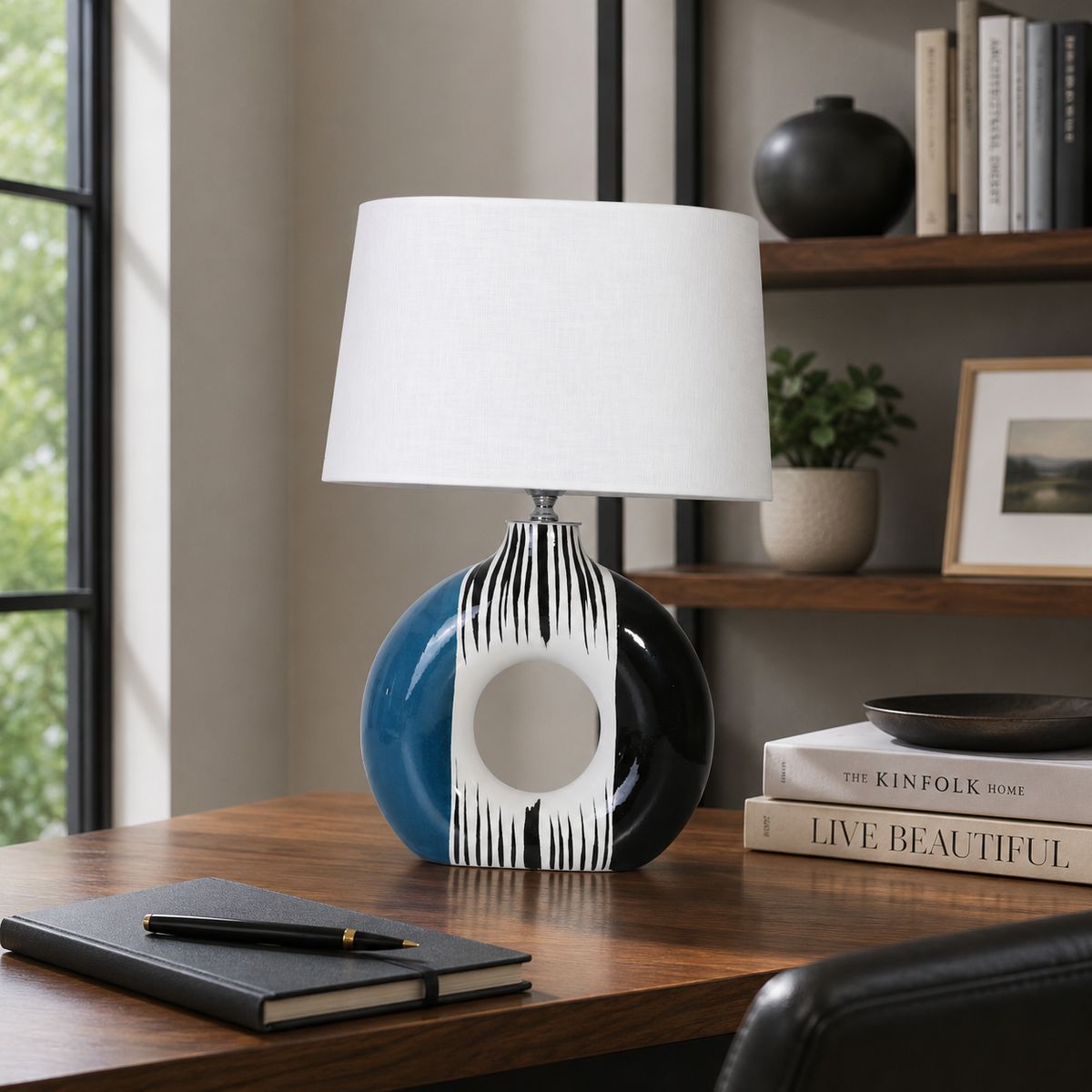Modern Round Ceramic Table Lamp, Blue & Black Striped Donut Lamp