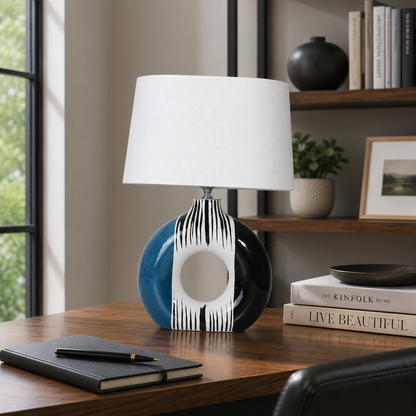 Modern Round Ceramic Table Lamp, Blue & Black Striped Donut Lamp
