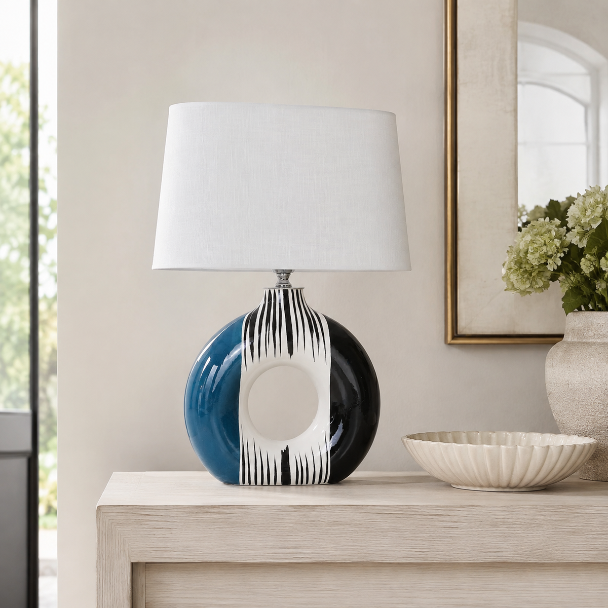 Modern Round Ceramic Table Lamp, Blue & Black Striped Donut Lamp