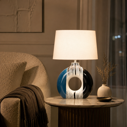 Modern Round Ceramic Table Lamp, Blue & Black Striped Donut Lamp