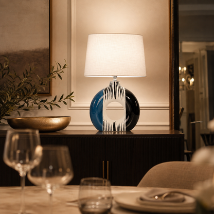 Modern Round Ceramic Table Lamp, Blue & Black Striped Donut Lamp