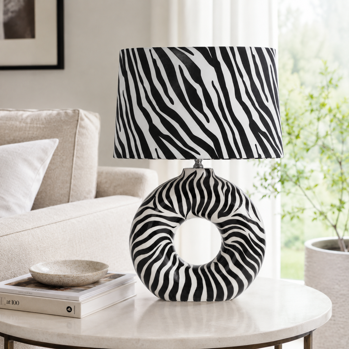 Modern Round Ceramic Table Lamp, Black & White Zebra Print Donut Lamp