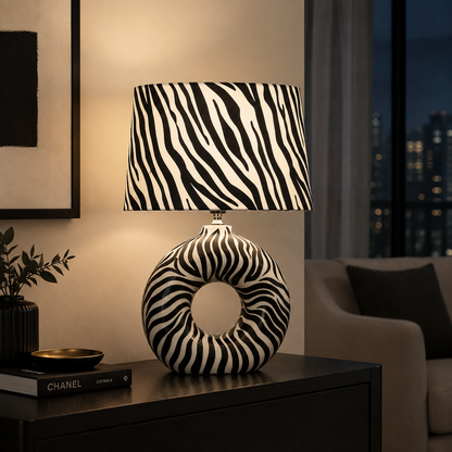 Modern Round Ceramic Table Lamp, Black & White Zebra Print Donut Lamp