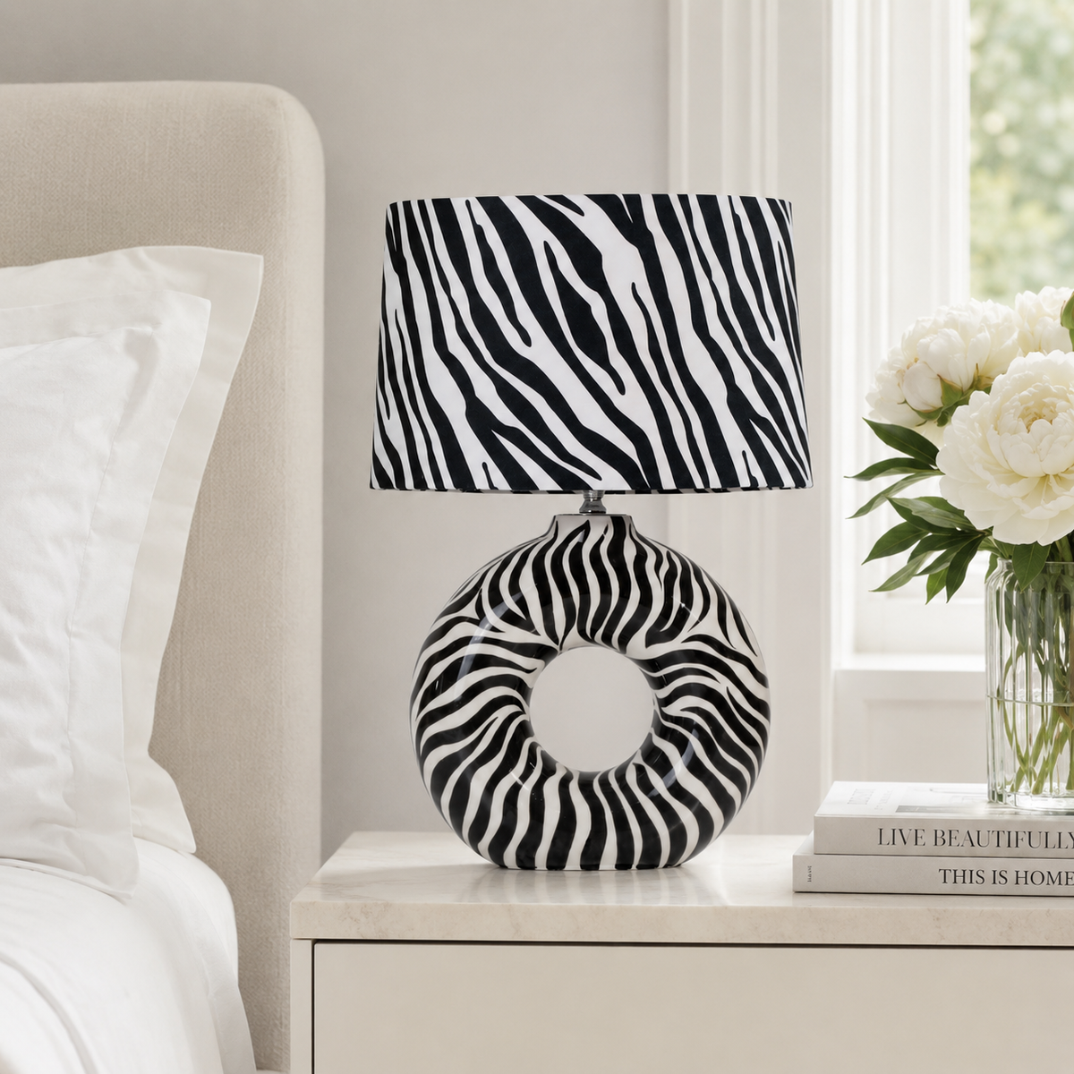 Modern Round Ceramic Table Lamp, Black & White Zebra Print Donut Lamp