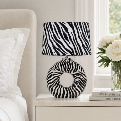Modern Round Ceramic Table Lamp, Black & White Zebra Print Donut Lamp