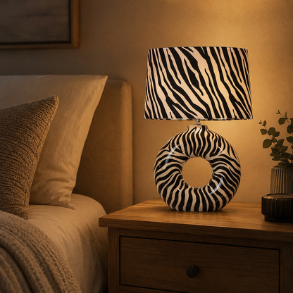 Modern Round Ceramic Table Lamp, Black & White Zebra Print Donut Lamp