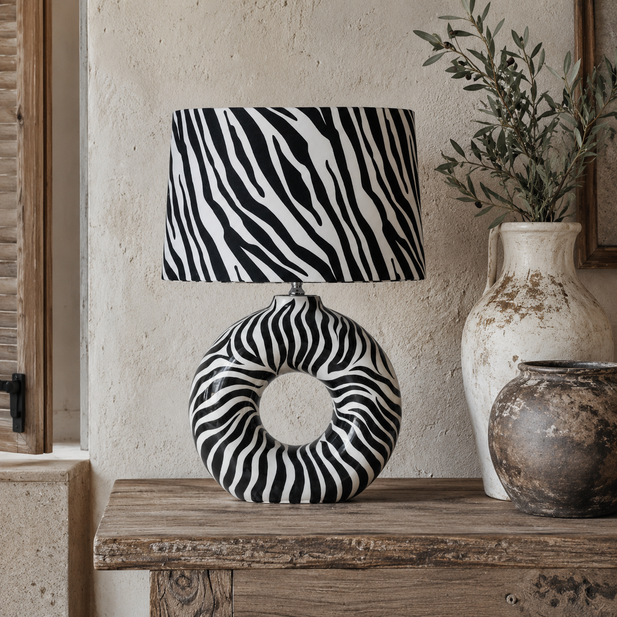 Modern Round Ceramic Table Lamp, Black & White Zebra Print Donut Lamp