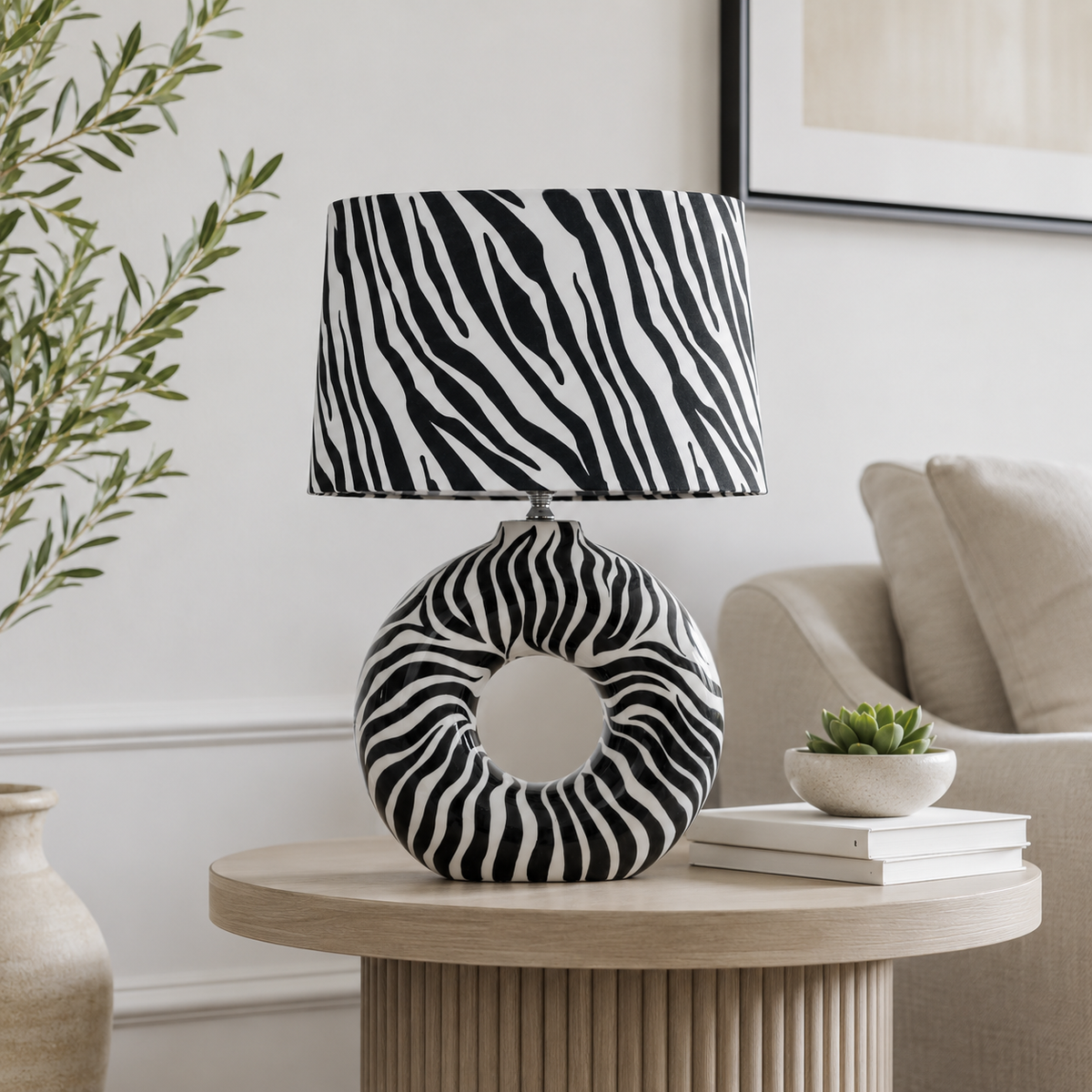 Modern Round Ceramic Table Lamp, Black & White Zebra Print Donut Lamp