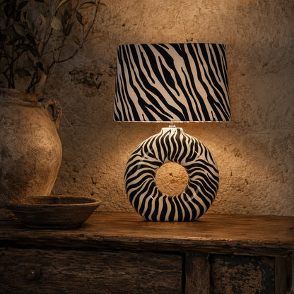 Modern Round Ceramic Table Lamp, Black & White Zebra Print Donut Lamp