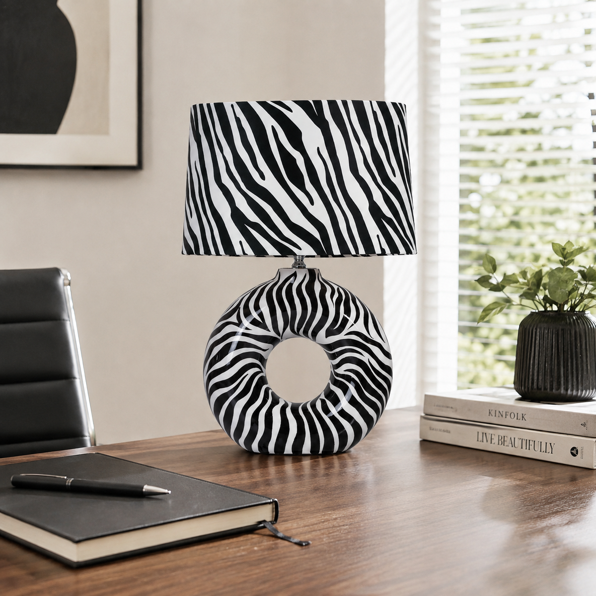Modern Round Ceramic Table Lamp, Black & White Zebra Print Donut Lamp