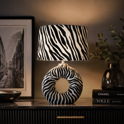 Modern Round Ceramic Table Lamp, Black & White Zebra Print Donut Lamp