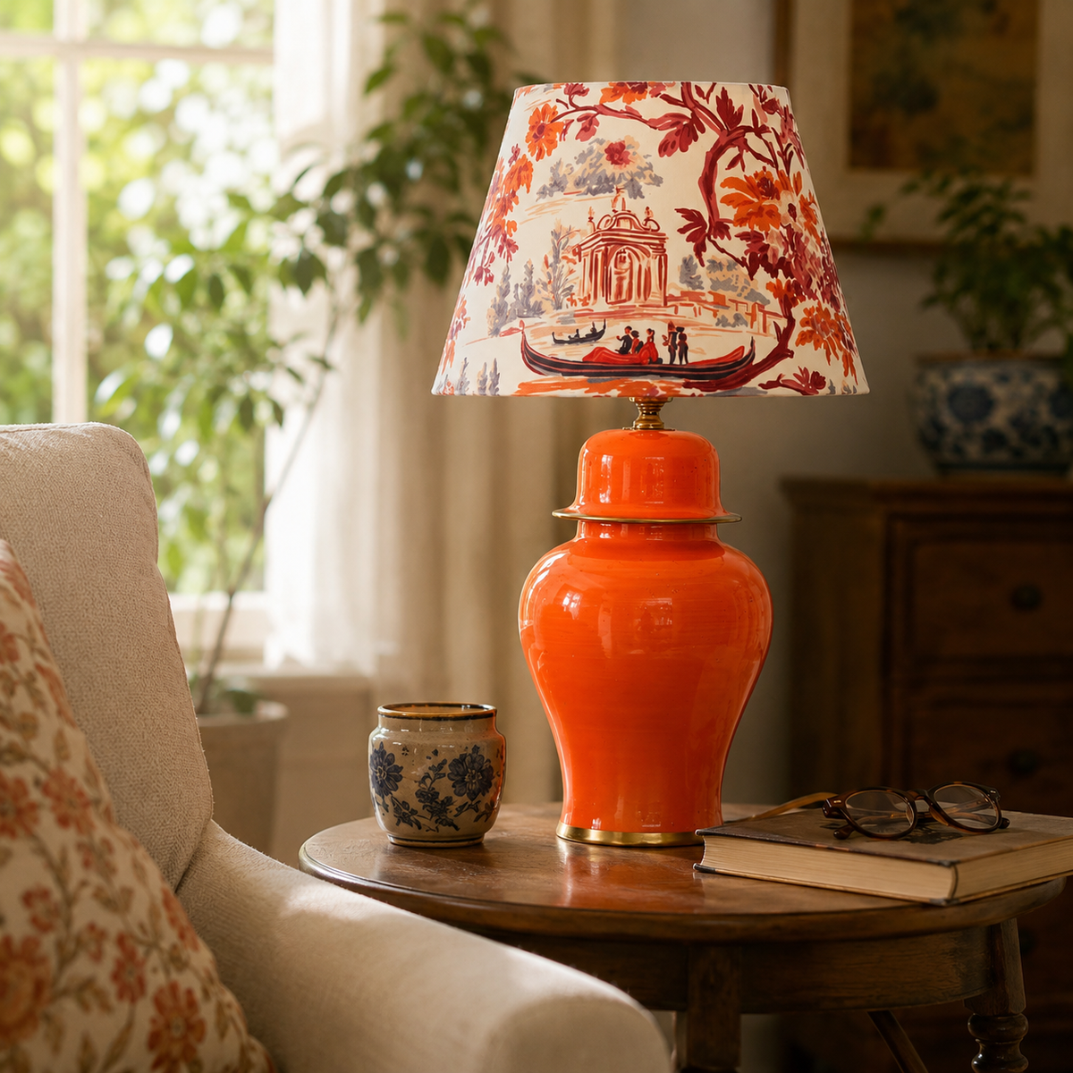 Orange Ginger Jar Table Lamp with Floral Print Shade, Glossy Ceramic Bedside Lamp