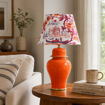 Orange Ginger Jar Table Lamp with Floral Print Shade, Glossy Ceramic Bedside Lamp