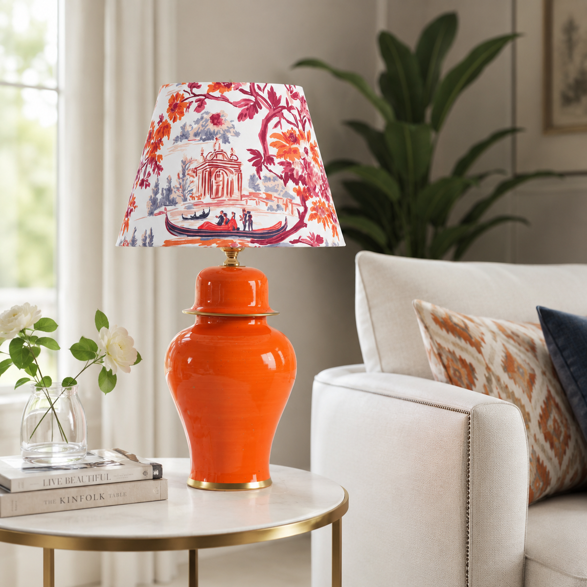 Orange Ginger Jar Table Lamp with Floral Print Shade, Glossy Ceramic Bedside Lamp