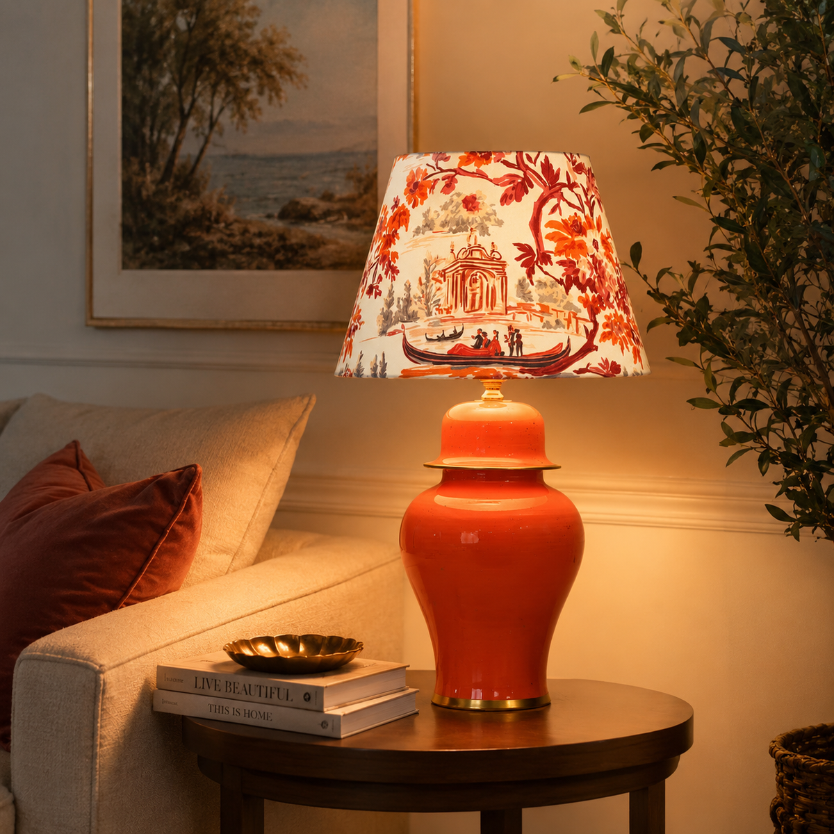 Orange Ginger Jar Table Lamp with Floral Print Shade, Glossy Ceramic Bedside Lamp