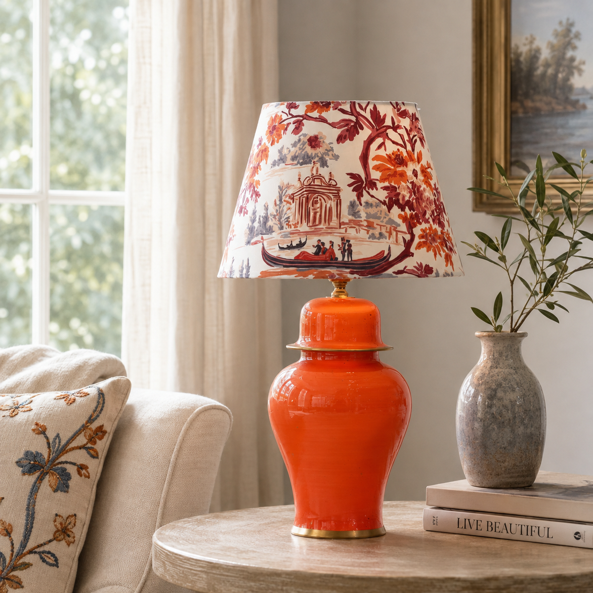 Orange Ginger Jar Table Lamp with Floral Print Shade, Glossy Ceramic Bedside Lamp