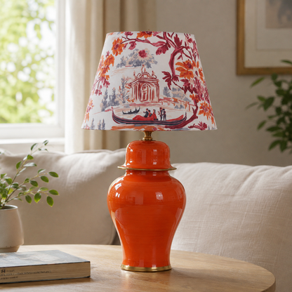 Orange Ginger Jar Table Lamp with Floral Print Shade, Glossy Ceramic Bedside Lamp