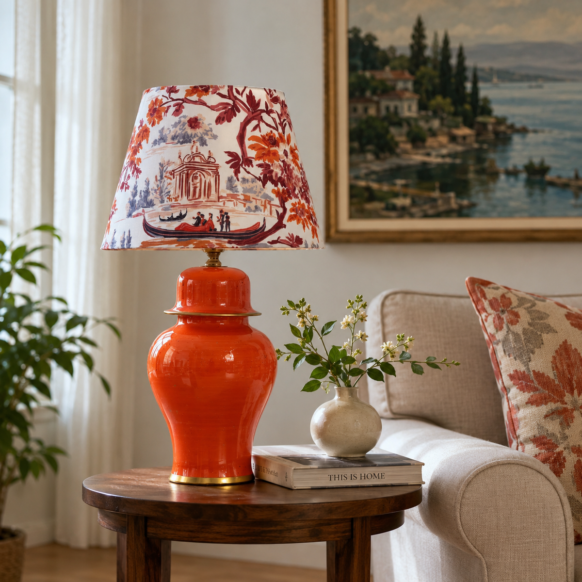 Orange Ginger Jar Table Lamp with Floral Print Shade, Glossy Ceramic Bedside Lamp