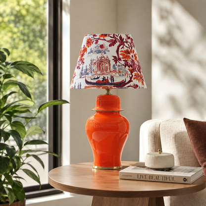Orange Ginger Jar Table Lamp with Floral Print Shade, Glossy Ceramic Bedside Lamp