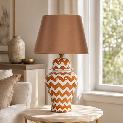 Orange & White Chevron Ginger Jar Table Lamp, Hand-Painted Ceramic Bedside Lamp