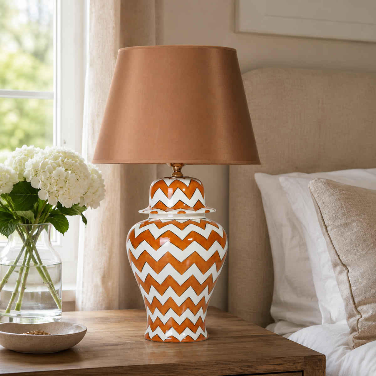 Orange & White Chevron Ginger Jar Table Lamp, Hand-Painted Ceramic Bedside Lamp