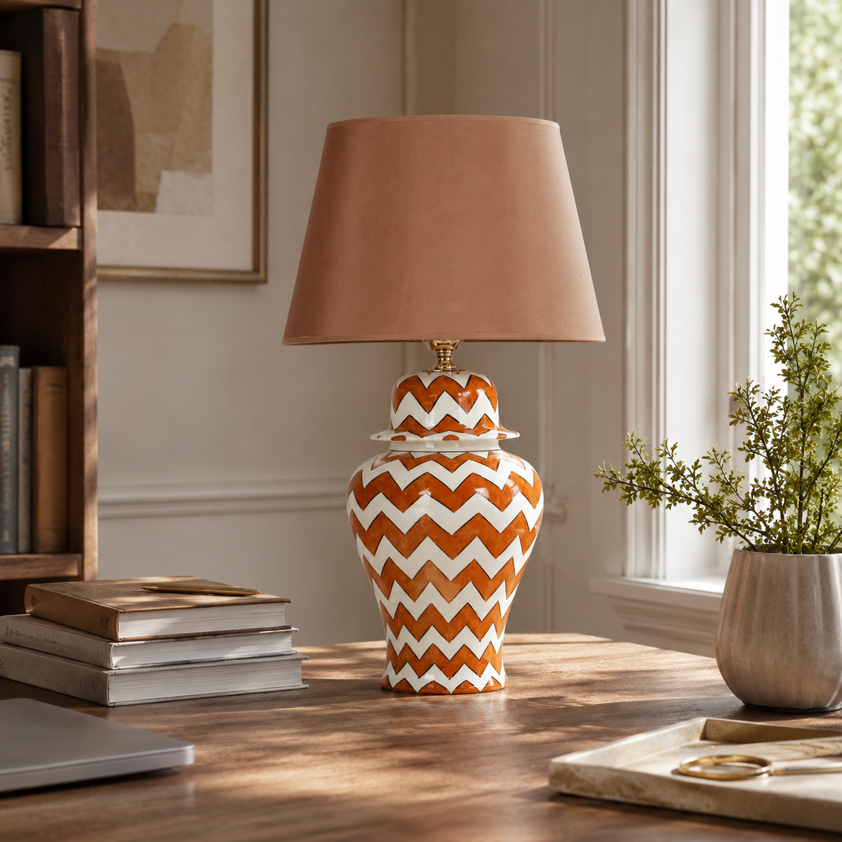 Orange & White Chevron Ginger Jar Table Lamp, Hand-Painted Ceramic Bedside Lamp