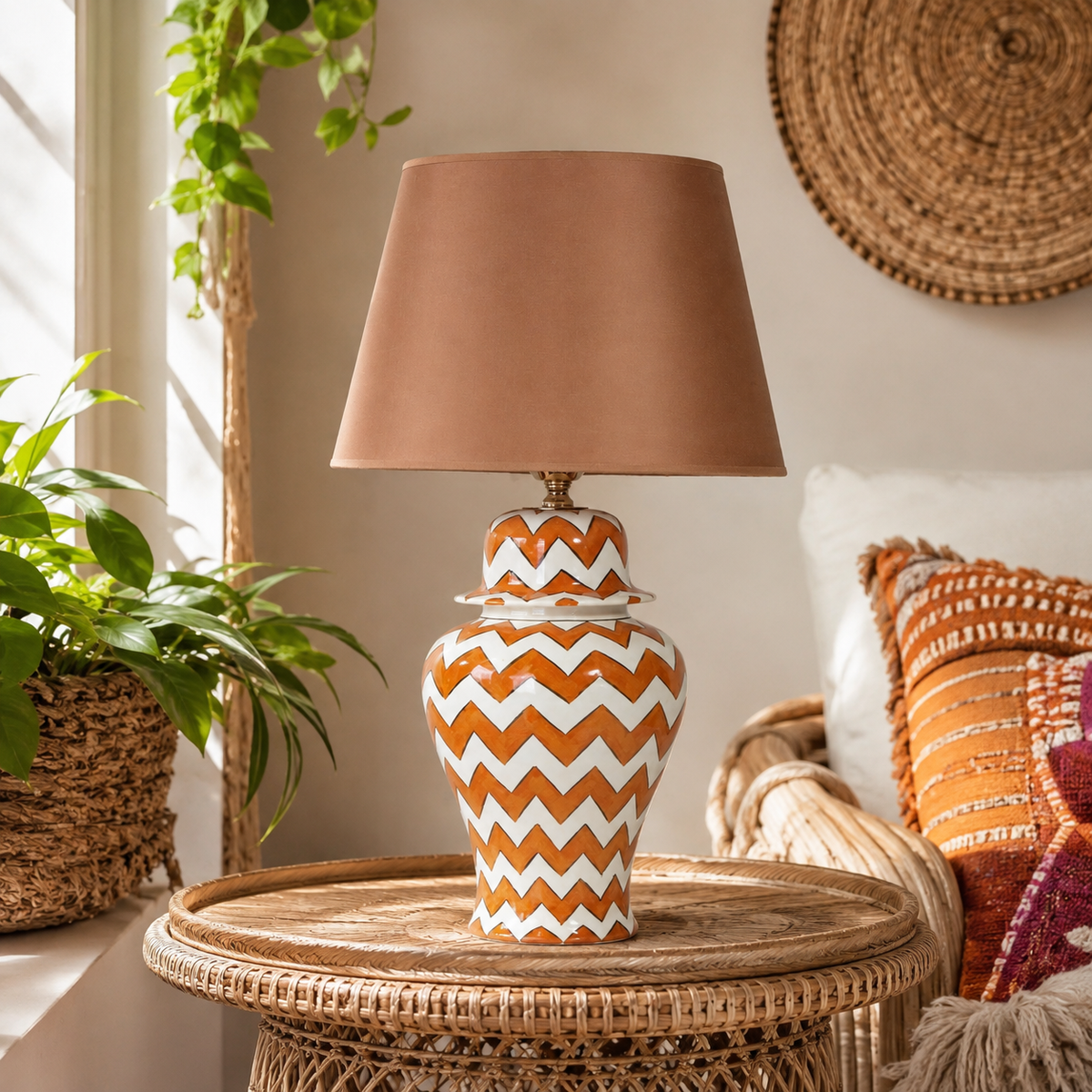Orange & White Chevron Ginger Jar Table Lamp, Hand-Painted Ceramic Bedside Lamp