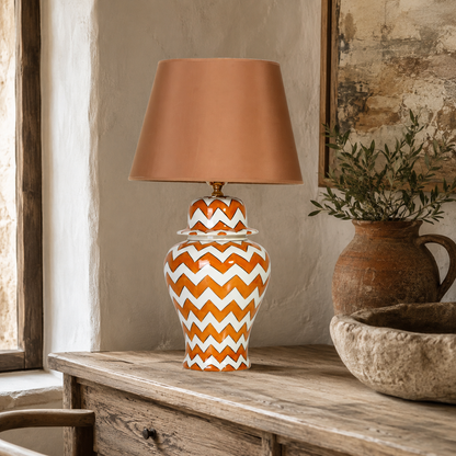 Orange & White Chevron Ginger Jar Table Lamp, Hand-Painted Ceramic Bedside Lamp