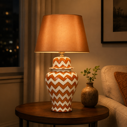 Orange & White Chevron Ginger Jar Table Lamp, Hand-Painted Ceramic Bedside Lamp