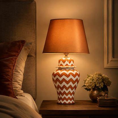 Orange & White Chevron Ginger Jar Table Lamp, Hand-Painted Ceramic Bedside Lamp