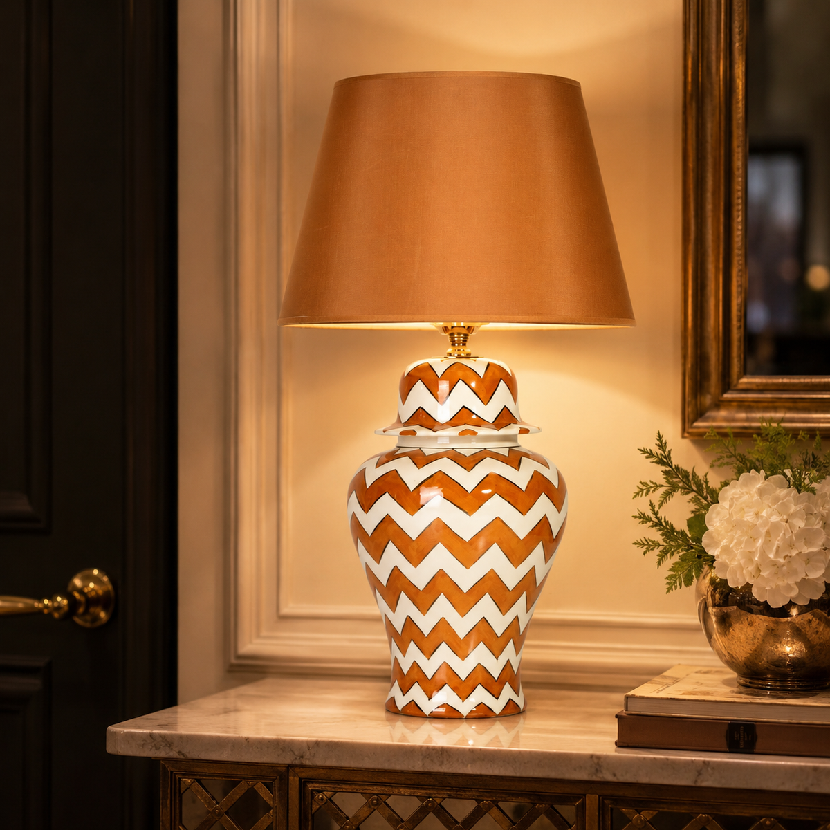 Orange & White Chevron Ginger Jar Table Lamp, Hand-Painted Ceramic Bedside Lamp