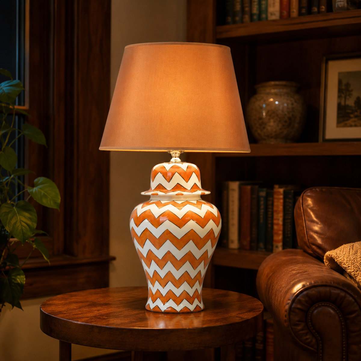 Orange & White Chevron Ginger Jar Table Lamp, Hand-Painted Ceramic Bedside Lamp