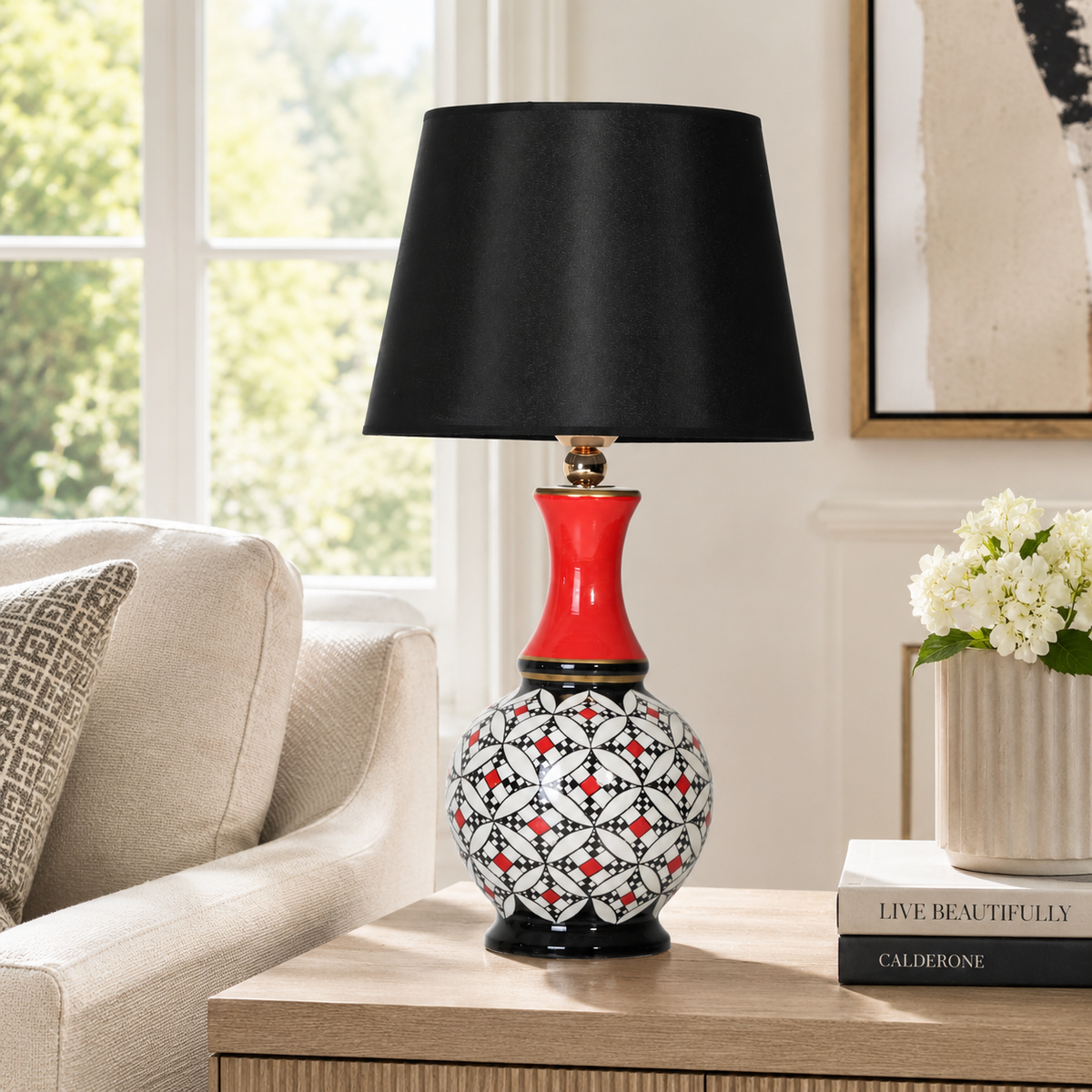 Geometric Ceramic Table Lamp, Hand-Painted Black & White Gourd Lamp