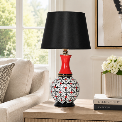 Geometric Ceramic Table Lamp, Hand-Painted Black & White Gourd Lamp