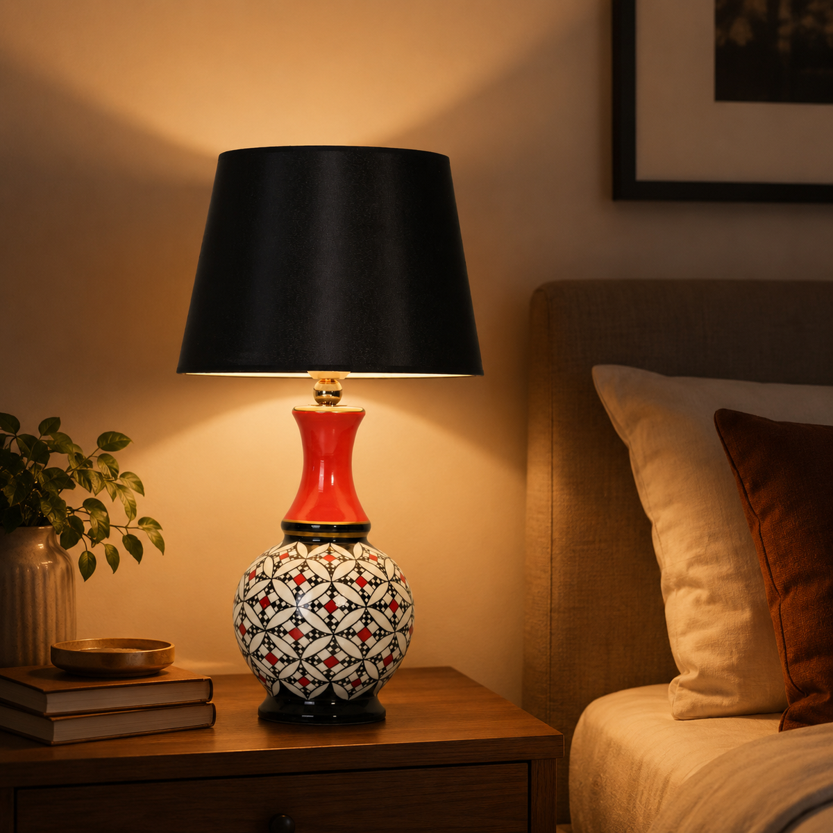 Geometric Ceramic Table Lamp, Hand-Painted Black & White Gourd Lamp