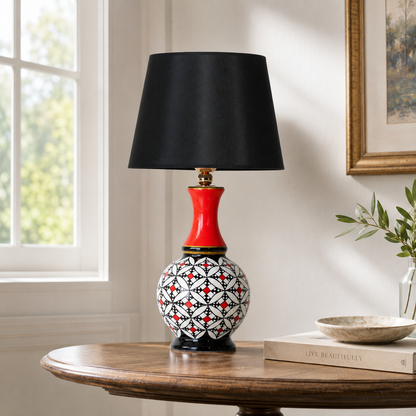 Geometric Ceramic Table Lamp, Hand-Painted Black & White Gourd Lamp