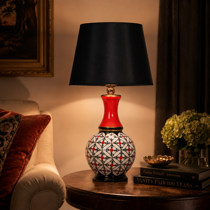 Geometric Ceramic Table Lamp, Hand-Painted Black & White Gourd Lamp
