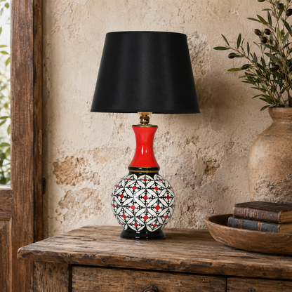 Geometric Ceramic Table Lamp, Hand-Painted Black & White Gourd Lamp