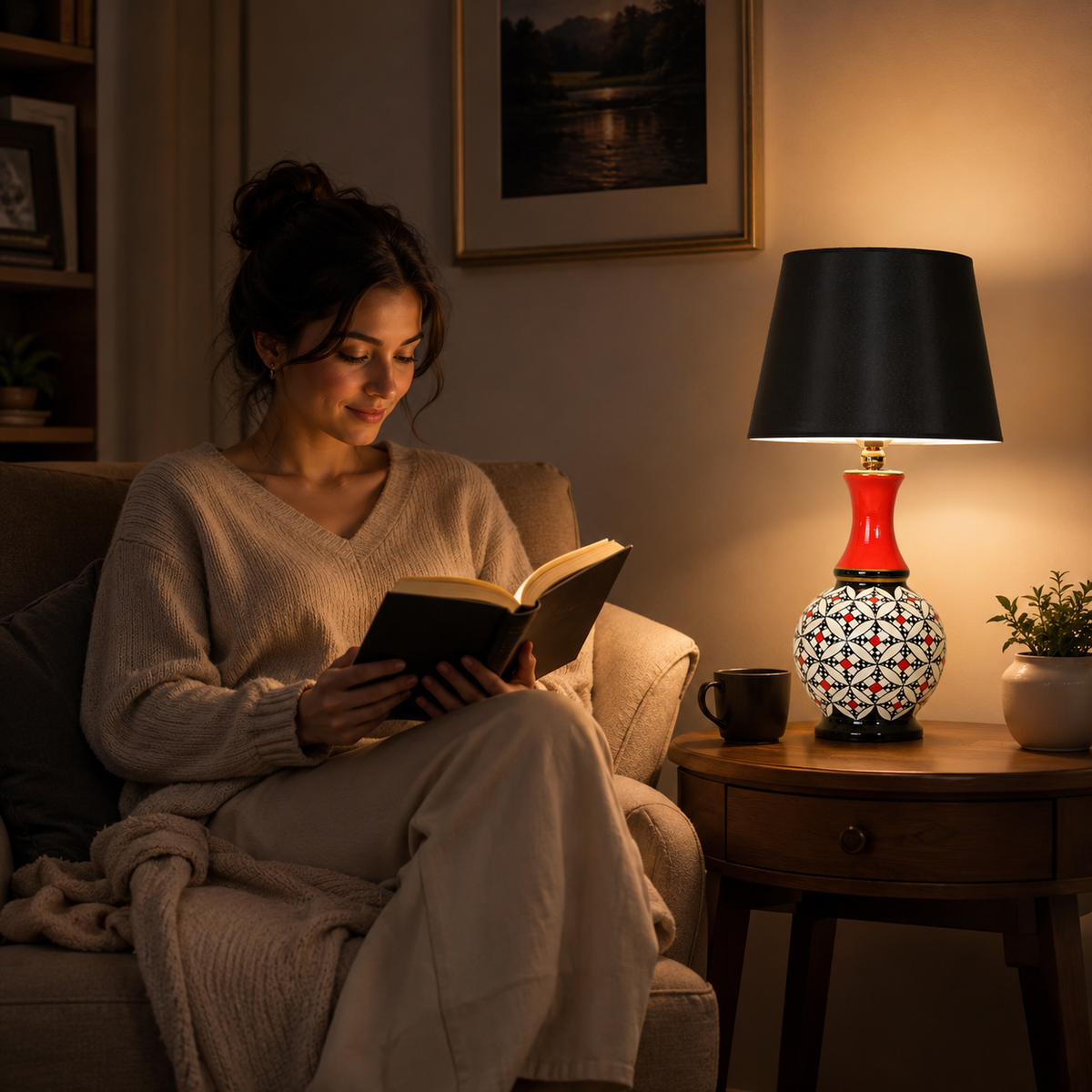 Geometric Ceramic Table Lamp, Hand-Painted Black & White Gourd Lamp