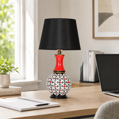 Geometric Ceramic Table Lamp, Hand-Painted Black & White Gourd Lamp
