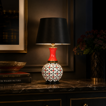 Geometric Ceramic Table Lamp, Hand-Painted Black & White Gourd Lamp