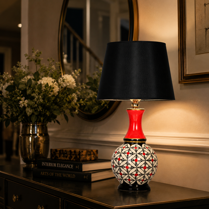 Geometric Ceramic Table Lamp, Hand-Painted Black & White Gourd Lamp
