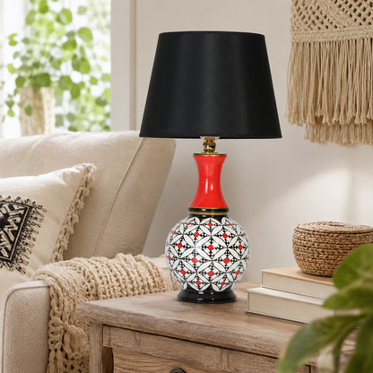 Geometric Ceramic Table Lamp, Hand-Painted Black & White Gourd Lamp
