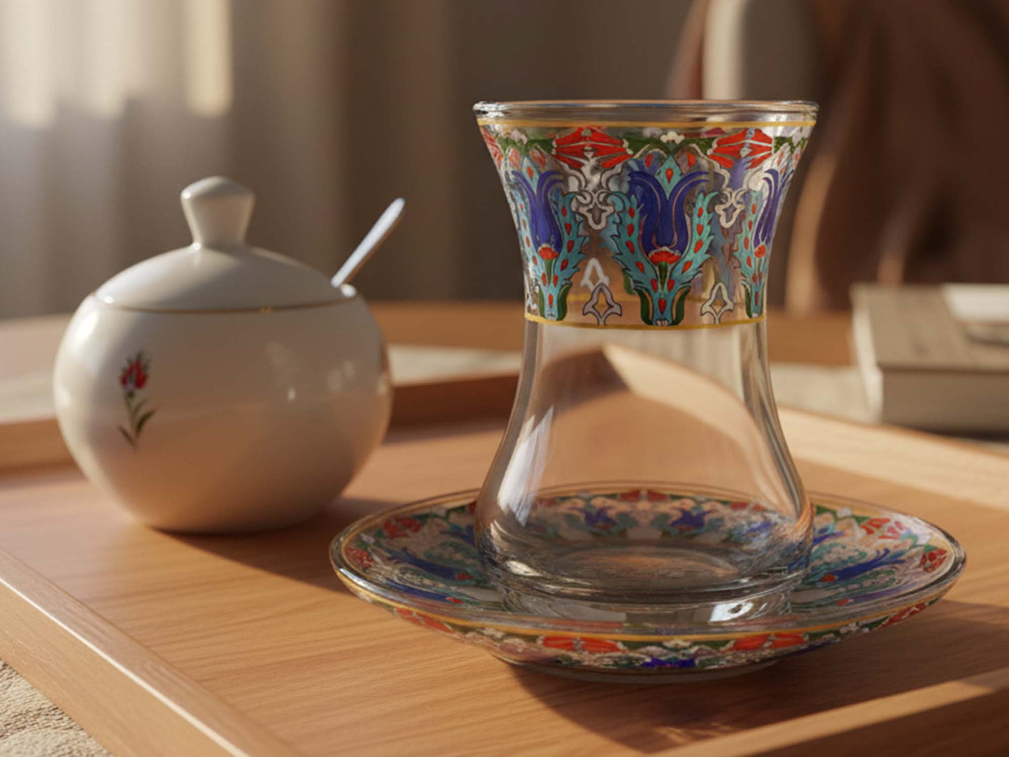 Decorative glass with colorful patterns on a matching saucer and white container on a wooden surface.