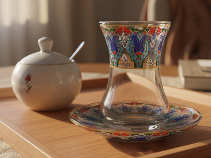 Decorative glass with colorful patterns on a matching saucer and white container on a wooden surface.