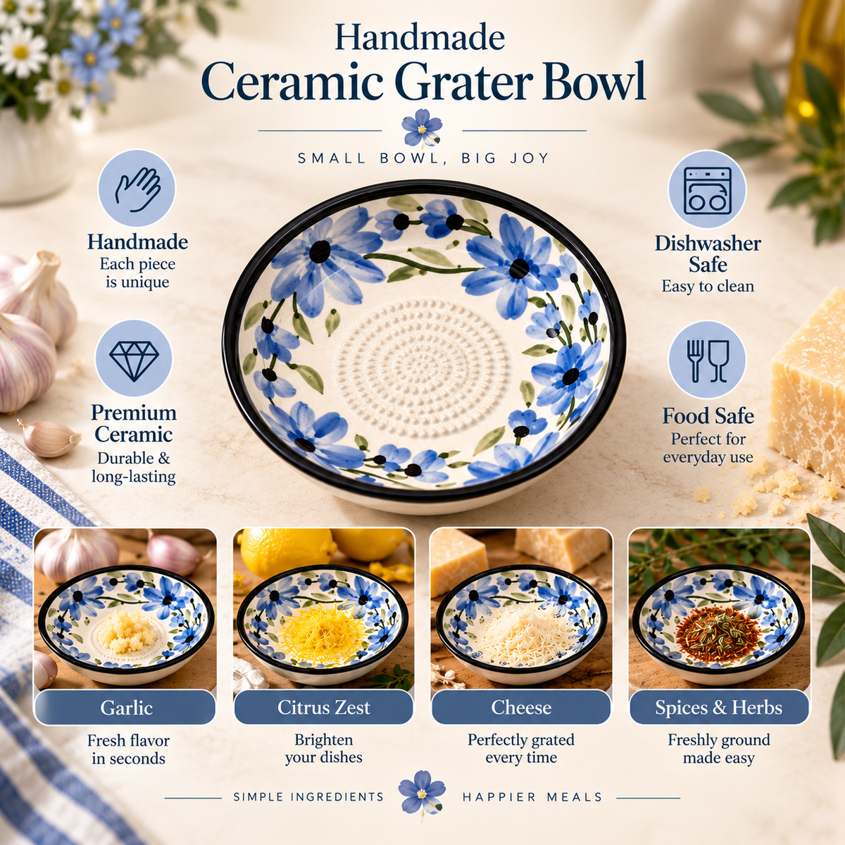Ceramic Garlic Grater Plate, 7" Handmade & Hand-Painted for Garlic and Ginger