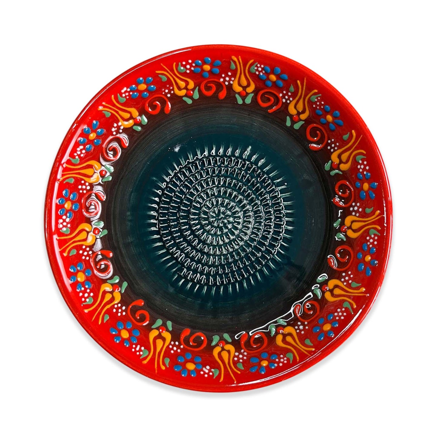 Decorative garlic grater bowl with a red border and colorful patterns on a white background
