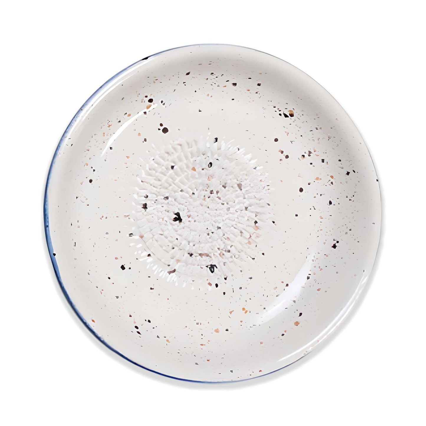 Speckled ceramic garlic grater bowl with a blue rim on a white background